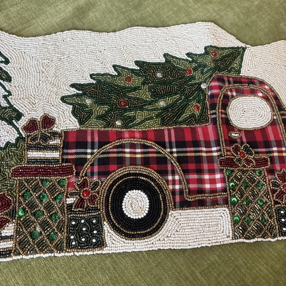 Winter Wonderland Beaded Farm Truck Table Runner Holiday Centerpiece Christmas